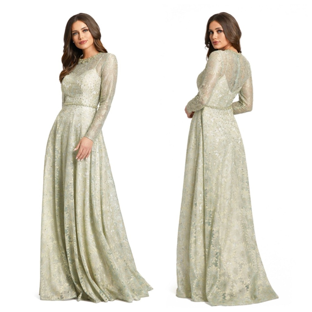 Mac Duggal 491881 Sage Green Gold Long Sleeve Floral Lace Gown Dress Size 6
